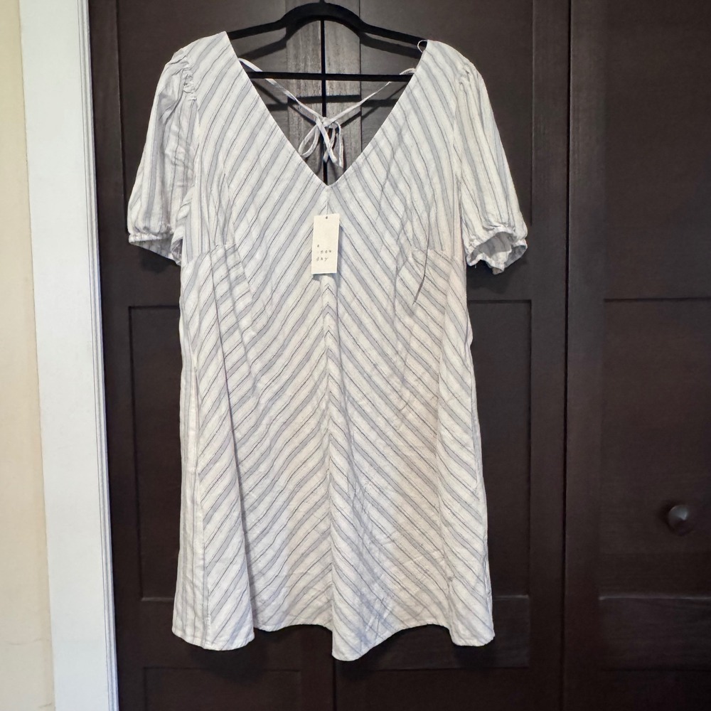 A New Day Womens Blue Striped Puff Sleeve V-Neck Mini Dress Size XXL